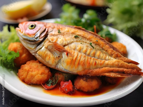 fish with lemon  , fish with  vegetable , fish in a plate