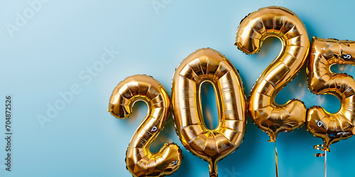2025, Golden Inflatable Balloons, Celebration, Festive, Cofetti, blue Background, Backdrop, Banner, happy new year,
