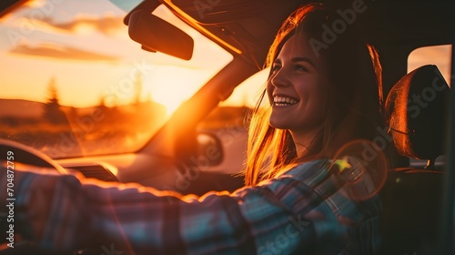 Joyful beautiful young happy smiling woman driving her new car at sunset