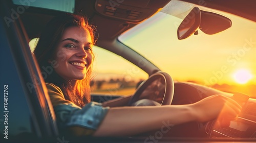 Joyful beautiful young happy smiling woman driving her new car at sunset