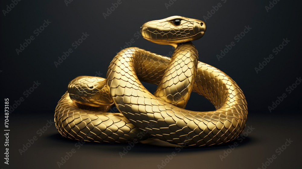Fototapeta premium golden snake twisted on a dark background with a glare
