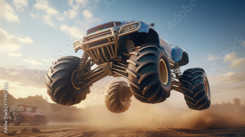 monster truck jumping with big wheels on the sand in the desert, view from below photo