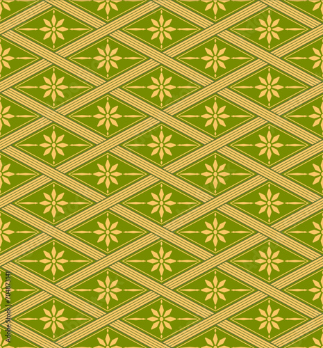 Vector geometric seamless pattern. Abstract graphic background with squares, lines, grid. Simple geo texture. green and yellow color. Ethnic style ornament. Repeat vintage design for decor, print