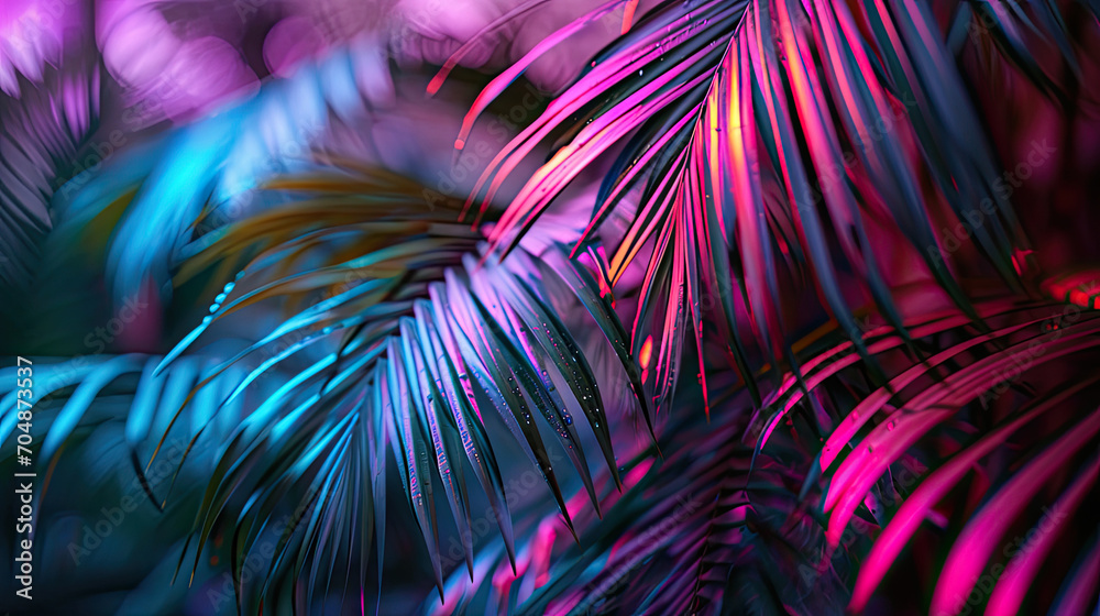 Palm tree leaves with purple and pink neon lights Palm tree leaves with purple and pink neon lights