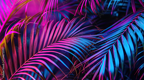 Palm tree leaves with purple and pink neon lights 