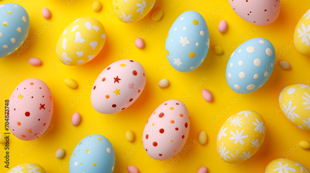  Top view pattern of perfect Easter eggs with whimsical ornaments on a bright background