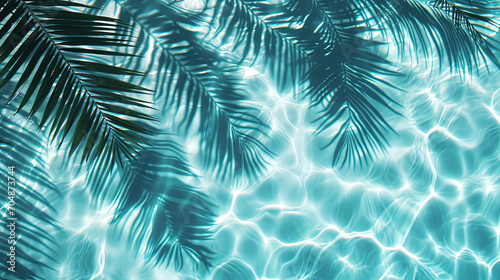 Reflection of a palm tree leaves in the blue sea water, summer tropical banner 