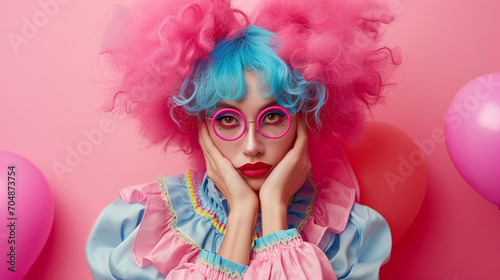 Stylish fashionable female attractive clown in fancy outfit with blue and pink hair posing isolated on pink studio background
