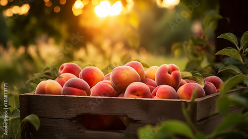 Ripe peaches in a wooden crate in the garden on sunny day