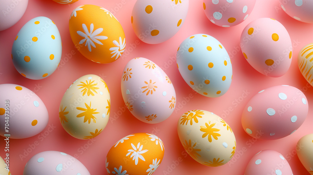 Top view pattern of perfect Easter eggs with whimsical ornaments on a bright background Top view pattern of perfect Easter eggs with whimsical ornaments on a bright background