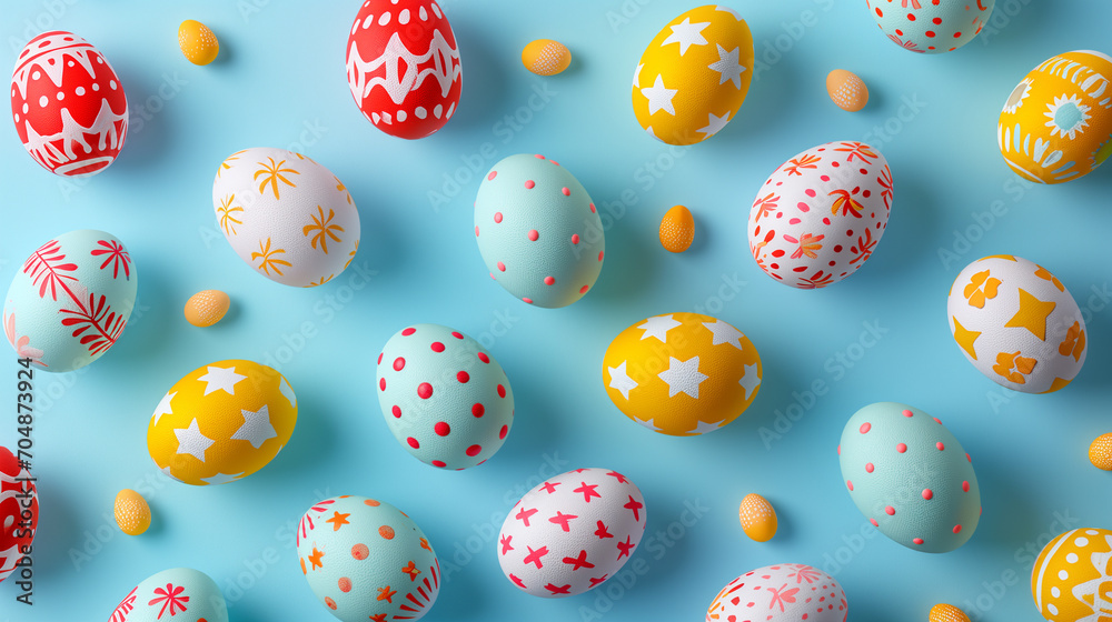  Top view pattern of perfect Easter eggs with whimsical ornaments on a bright background