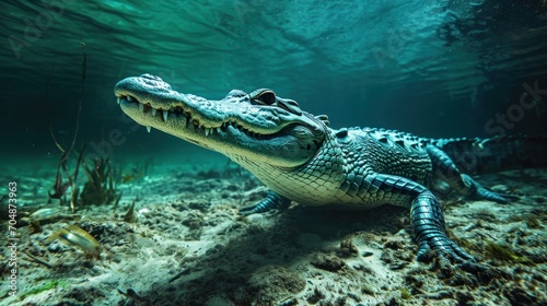 Beautiful underwater environment. Half Underwater, A Wide Shot into the Mysterious Deep with Crocodile. 