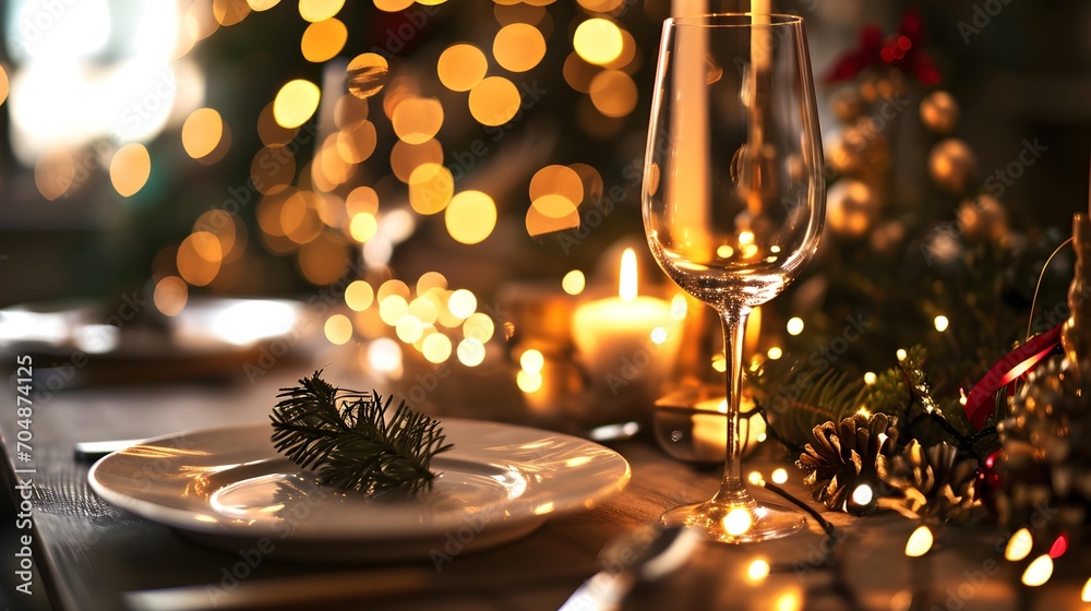 Elegant christmas table setting for holiday dinner top view. Empty space for text. Bokeh effect.