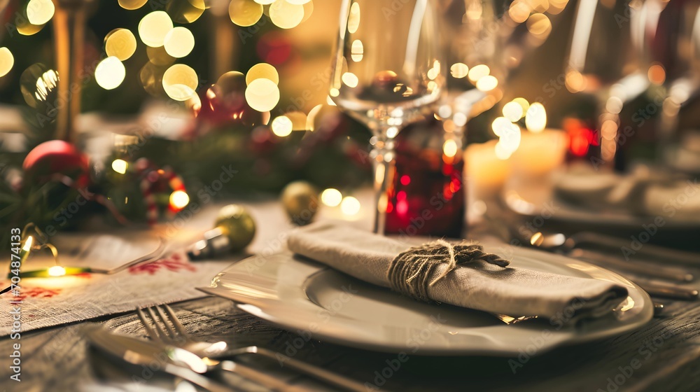 Elegant christmas table setting for holiday dinner top view. Empty space for text. Bokeh effect.