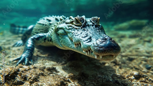 Beautiful underwater environment. Half Underwater, A Wide Shot into the Mysterious Deep with Crocodile.   © Sparrowski