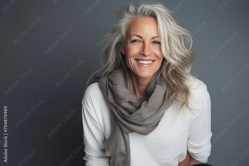 Portrait of a happy senior woman smiling at the camera over grey background Portrait of a happy senior woman smiling at the camera over grey background