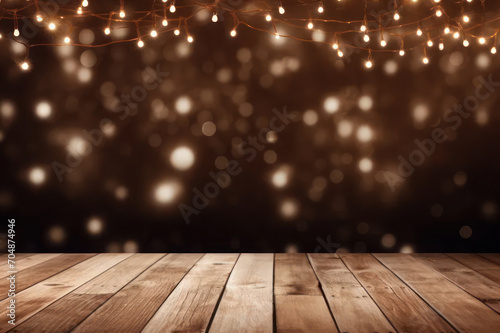 Background. Wooden boards and garlands with light bulbs. AI generative.