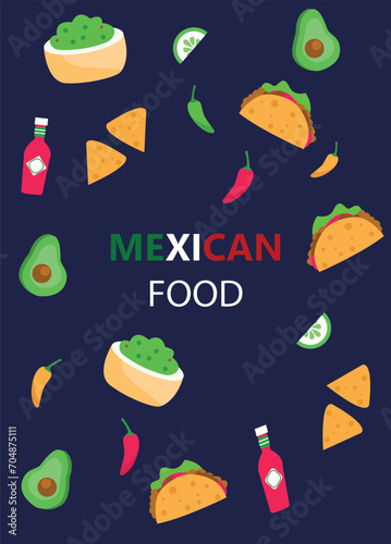 Mexican taco food. mexican food concept illustration burrito and nachos, avocado, red chili, bread blue background.
