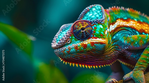 Close up colorful chameleon. Tropical wildlife animal. Color changing. 