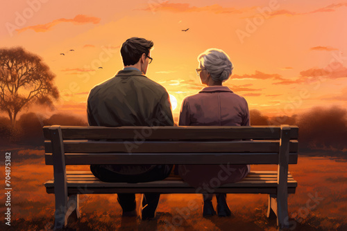  Illustration of a 43-year-old Australian man sitting with his elderly mother on a park bench, watching the sunset, a metaphor for life's journey and tranquility