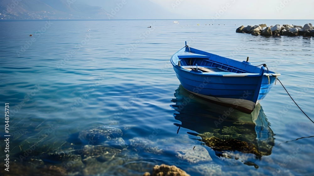 Blue boat in a calm sea waters near a beachline