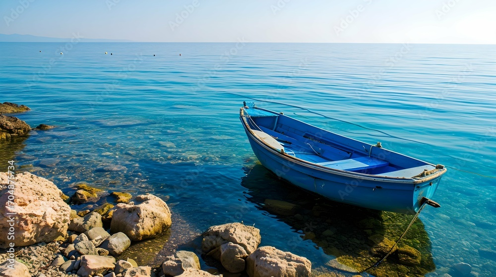 Obraz premium Blue boat in a calm sea waters near a beachline