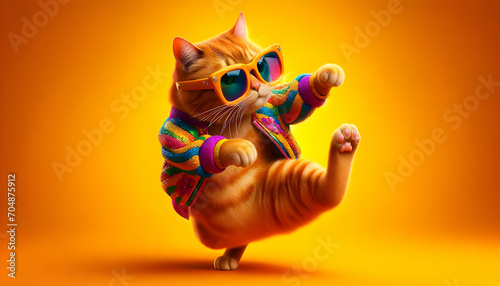 a cool cat dancing in sunglasses and colorful shirt on a orange background 