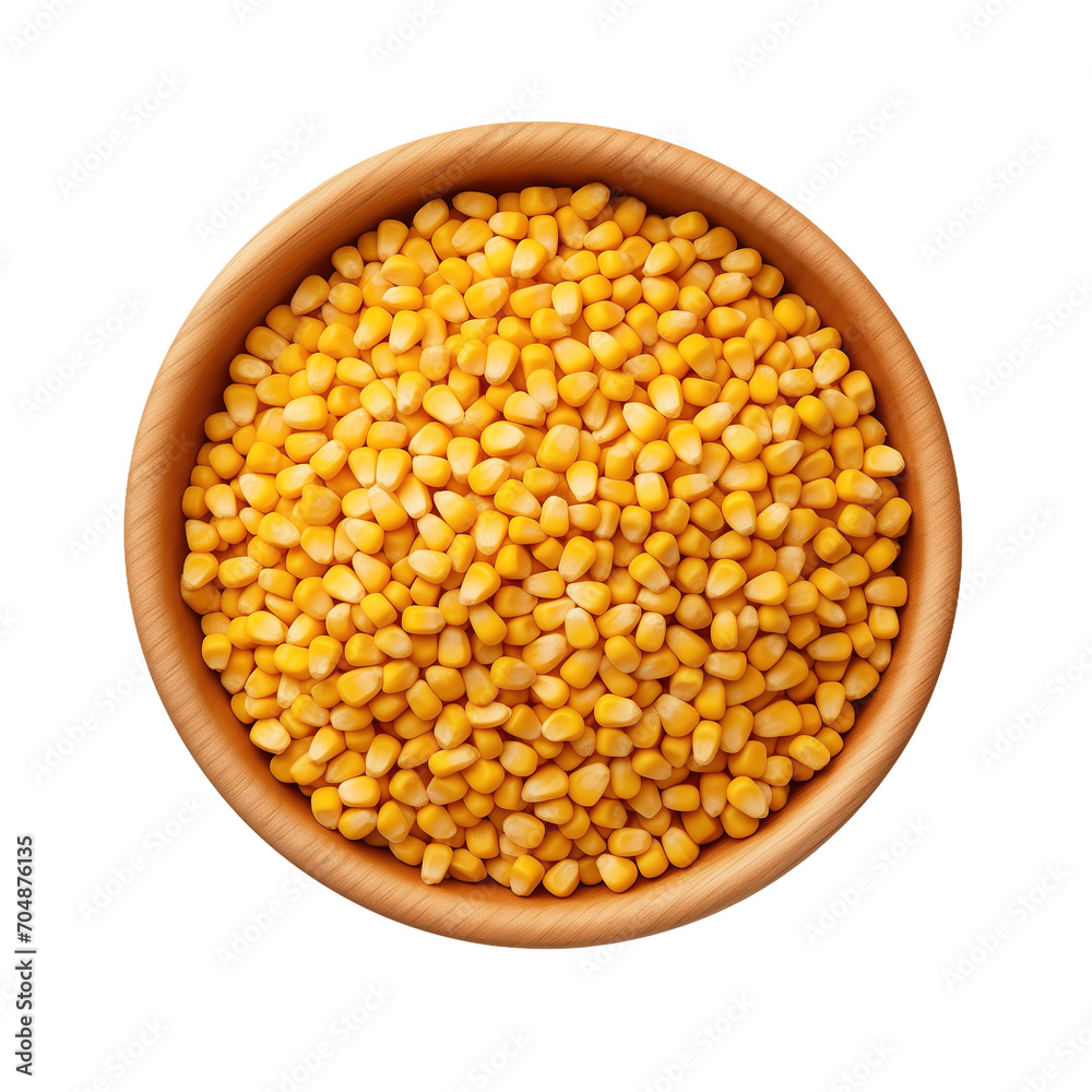 Top view of wooden bowl full of corn seeds isolated on white background