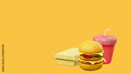 3D rendering of hamburger with food box and red glass on yellow background, Design for fast food promotion