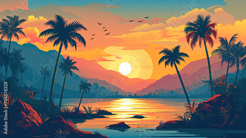 Seaside Serenity: Illustration Vector with Towering Palms © Sekai