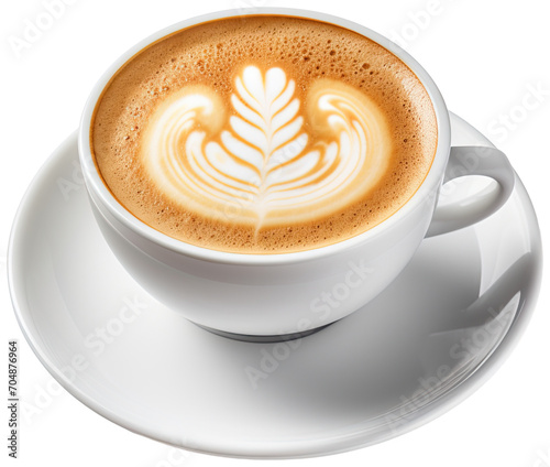 Hot coffee cup latte with Tulip shaped latte art milk foam on white saucer illustration PNG element cut out transparent isolated on white background ,PNG file ,artwork graphic design.