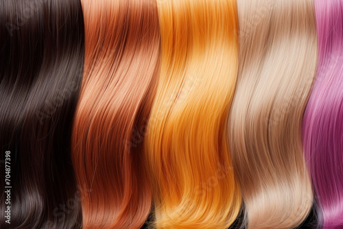 Beauty, fashion, make-up and hairstyle concept. Set of various dyed human hair colorful strands background with copy space. Macro close-up view