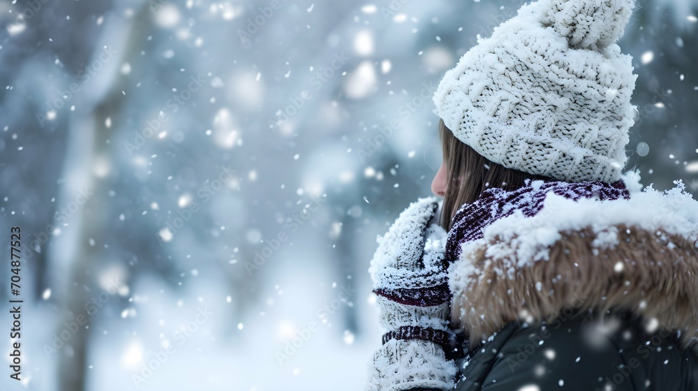 A woman wearing a white hat and gloves stands in the snow. A woman wearing a white hat and gloves stands in the snow.