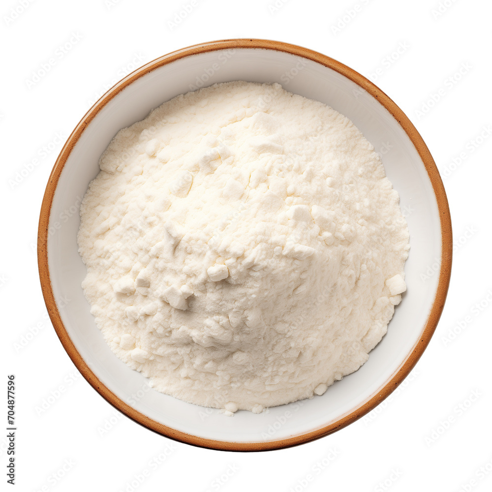 Top view bowl of flour on white background