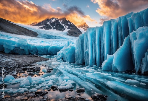 Un paysage nordique avec des blocs de glace une montagne et un coucher de soleil-generative AI photo