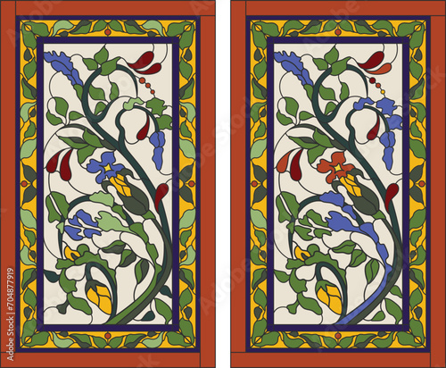 Stained-glass panel in a rectangular frame. Classic window, abstract floral arrangement of buds and leaves in the art Nouveau style. Vector