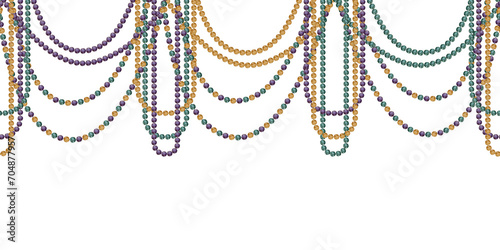 Hand drawn watercolor Mardi Gras carnival symbols. Garland festoon glass bead jewel pearl strings, gold purple green. Seamless banner isolated on white background. Design party invitation, print, shop