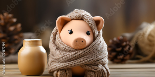 A piggy bank money box wrapped up warm with a scarf. Winter season heating bills, Heat saving, heating prices. Thermal insulation of building or dwelling photo