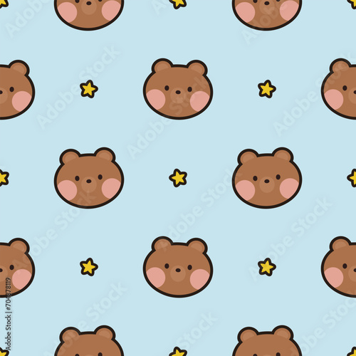 Cute animals pattern, hand drawn forest background with star, frog, bear, chick and rabbit vector illustration