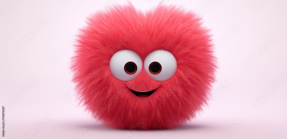 Fototapeta premium cute fuzzy furry heart on a monochrome background with emotion. Cartoon Heart with big realistic eyes. Pink shades