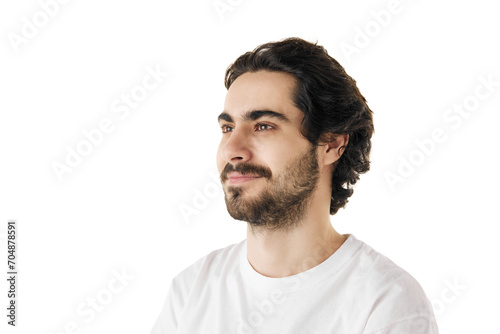 Portrait of young attractive man with dark thick curly hair looking away against white color studio background. Concept of natural beauty, youth, spa treatment, selfcare, cosmetic, aging. Ad