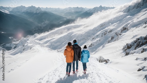 Family mountain climbers walk together. Beautiful mountain travel.