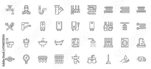 Plumbing line icon set. Plunger, dishwasher, pipeline, bathtub, faucet, sink, underfloor heating, pissoir minimal vector illustrations. Simple outline signs for bathroom equipment. Editable Stroke