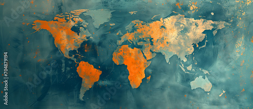 Dark patterned world map with red and dark blue colored worn aged grungy surface design. Image of continents in vintage style. Different shades of blue, brown and orange colors.