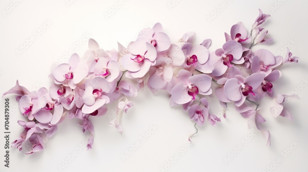 a graceful cascade of orchid petals, their exotic shapes and hues delicately arranged on a spotless white background, evoking a sense of luxury and natural opulence.