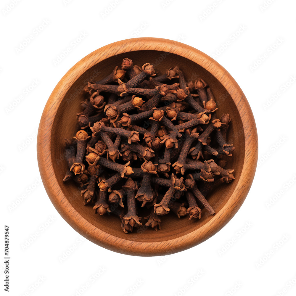 Cloves in a wooden bowl isolated on white background Cloves in a wooden bowl isolated on white background