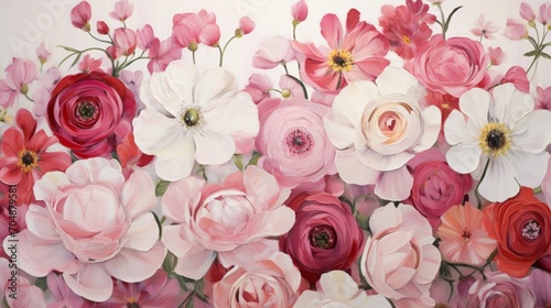 a harmonious array of white  red  and pink flowers gracefully unfolding on a flawlessly white canvas.