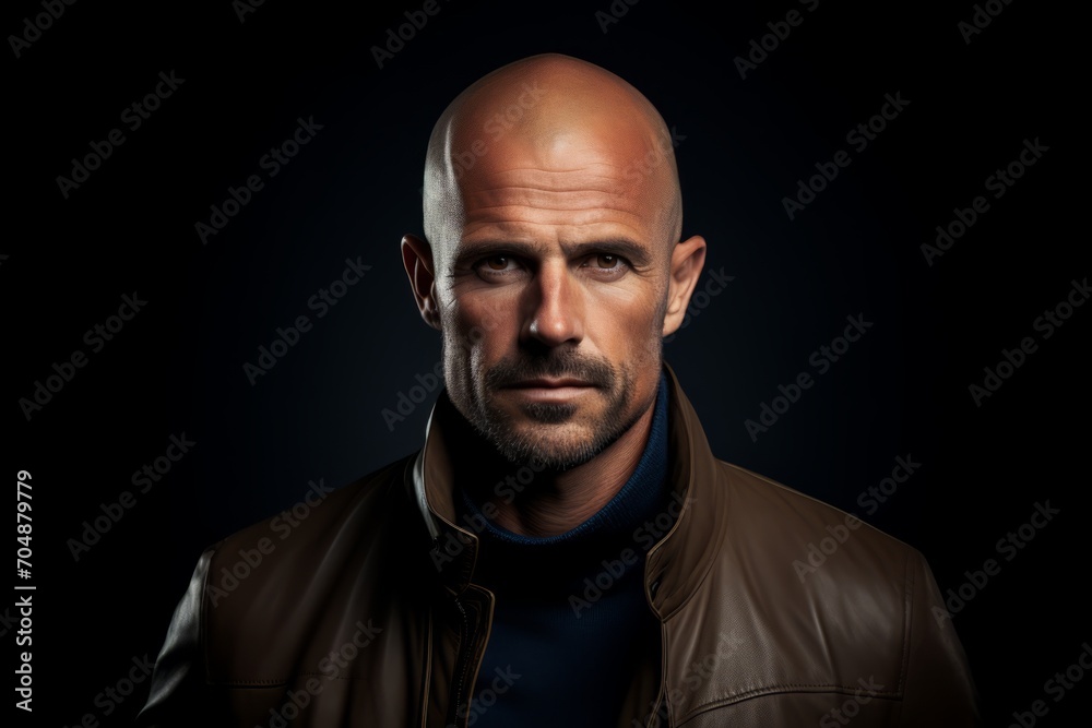 Portrait of a bald man in a leather jacket on a dark background.