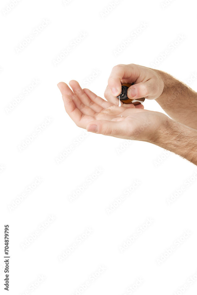 Cropped unrecognizable man applying body cream to hand on palm while standing against white studio background. Concept of male facial care routine, cosmetic product, body care, anti-aging. Cropped unrecognizable man applying body cream to hand on palm while standing against white studio background. Concept of male facial care routine, cosmetic product, body care, anti-aging.