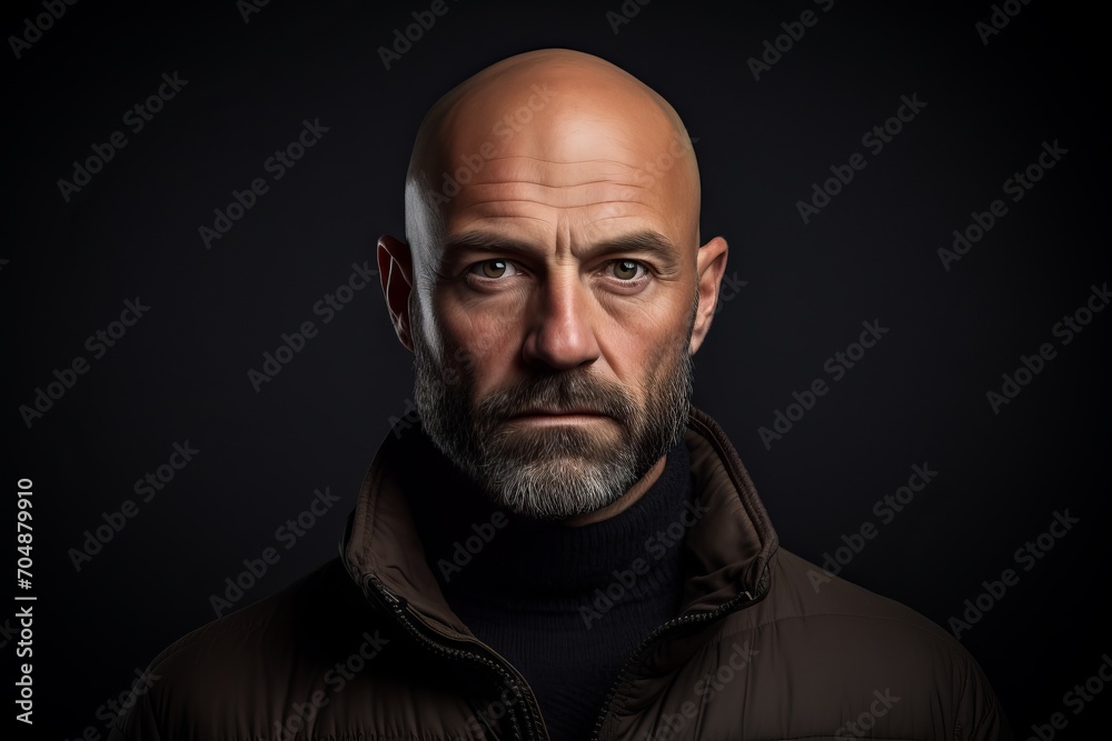 Portrait of a bald man with a beard in a brown jacket.
